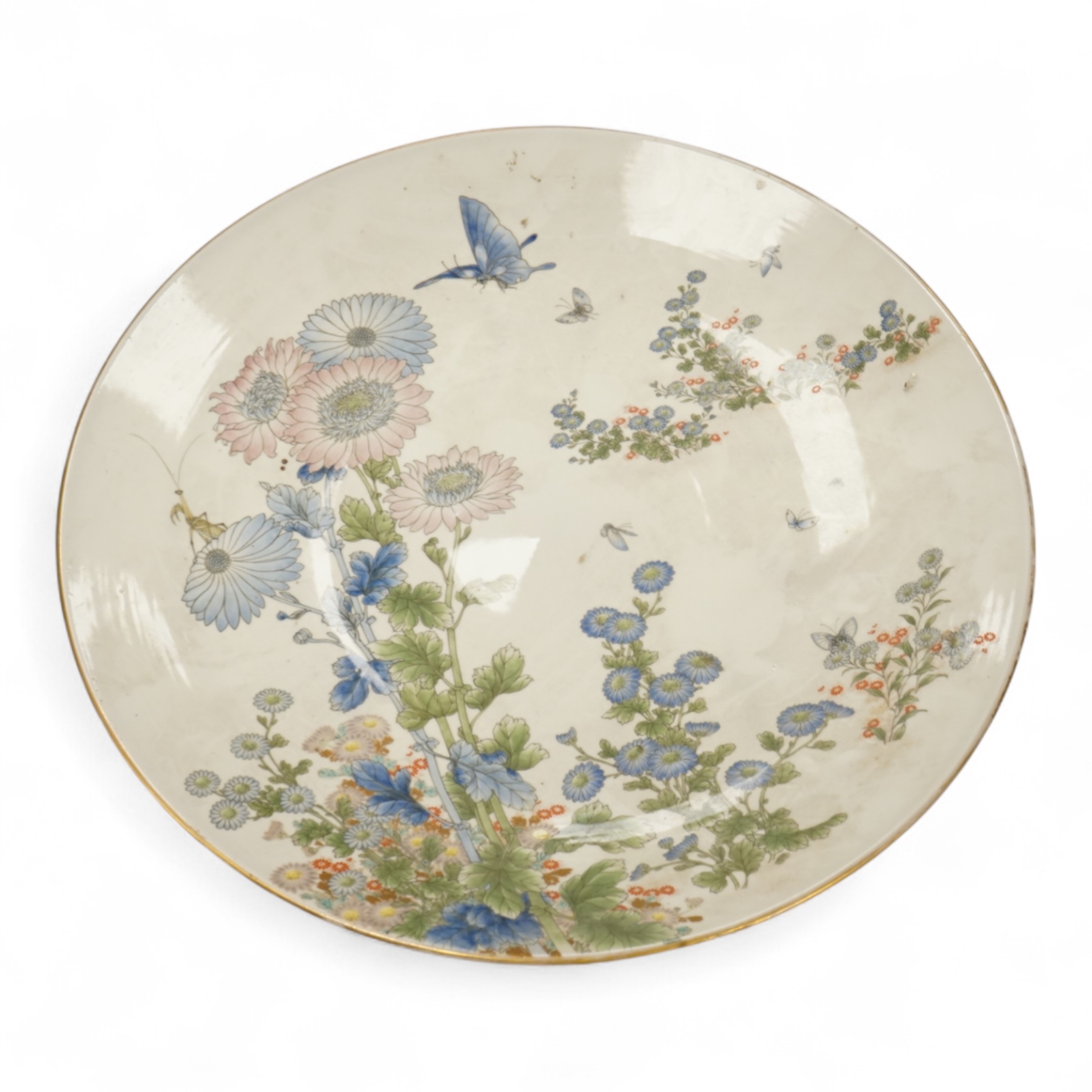 A large Japanese polychrome porcelain dish, by Fukagawa, 45cm diameter